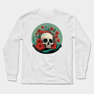 Skull head & red flowers Illustration Long Sleeve T-Shirt